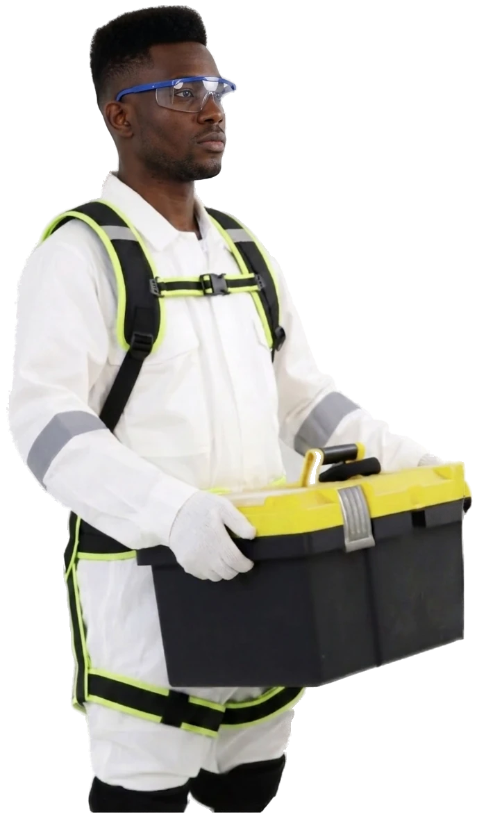 EXOROBOTICS exoskeleton worn on the job, carrying a toolbox