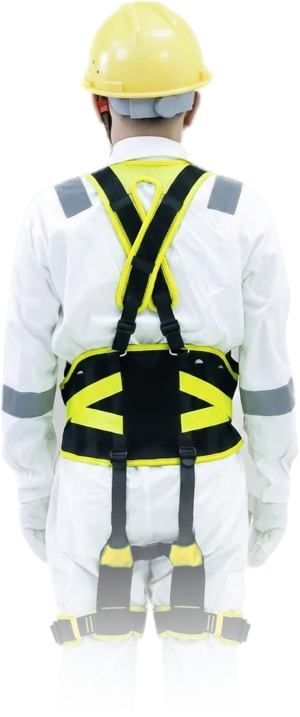 EXOROBOTICS lumbar support worn over workwear, rear view