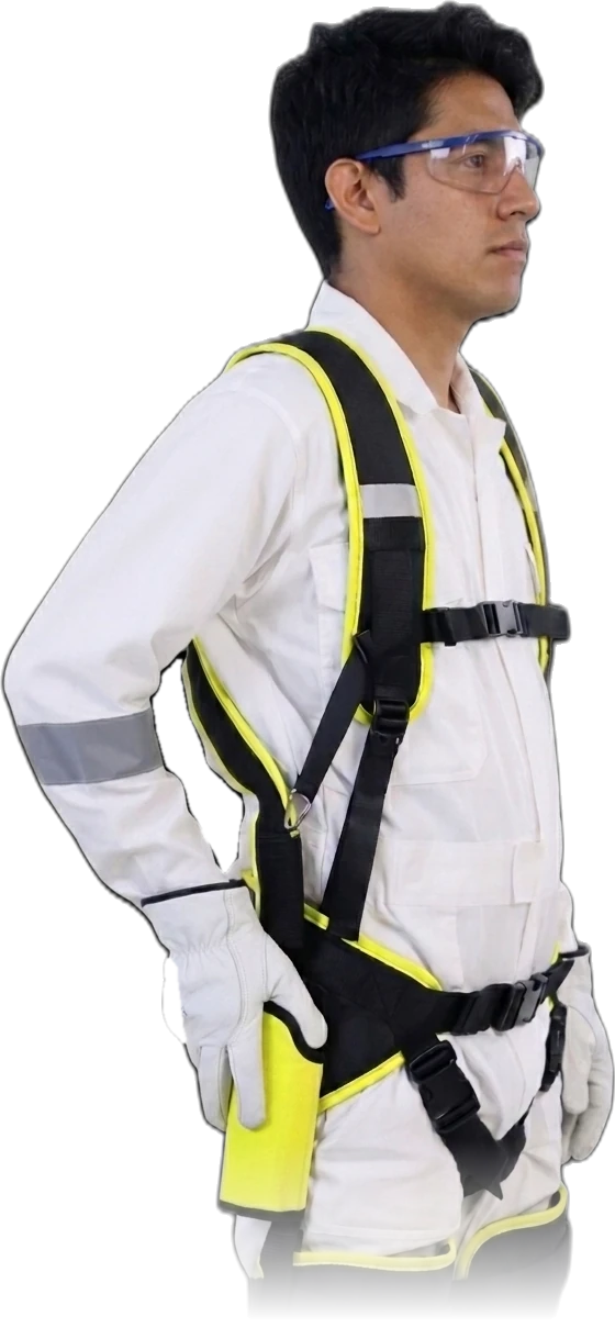 Worker wearing an EXOROBOTICS back-support exoskeleton, side profile